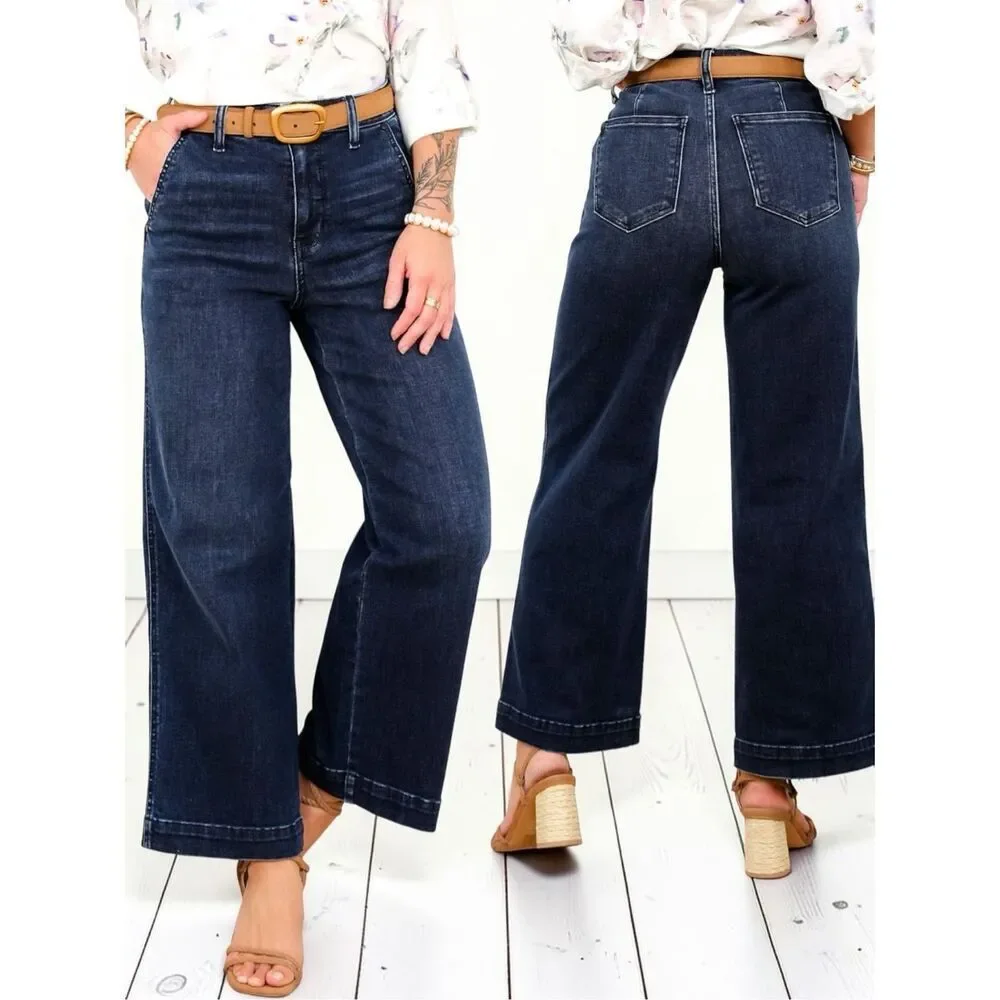 Judy Blue High Rise Dark Wash Wide Leg Crop Trouser Ankle Jeans Stretch Denim